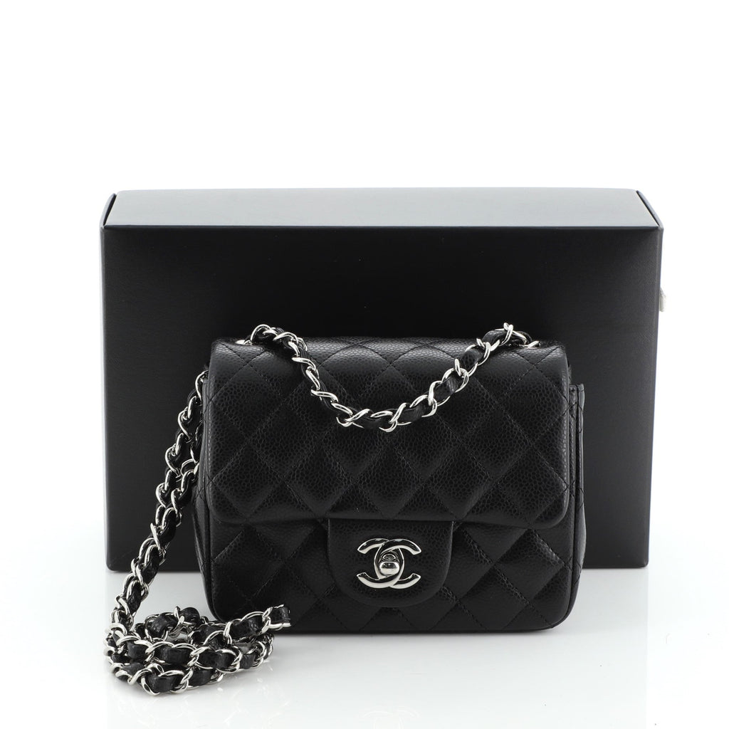 Square Classic Single Flap Bag Quilted Caviar Mini