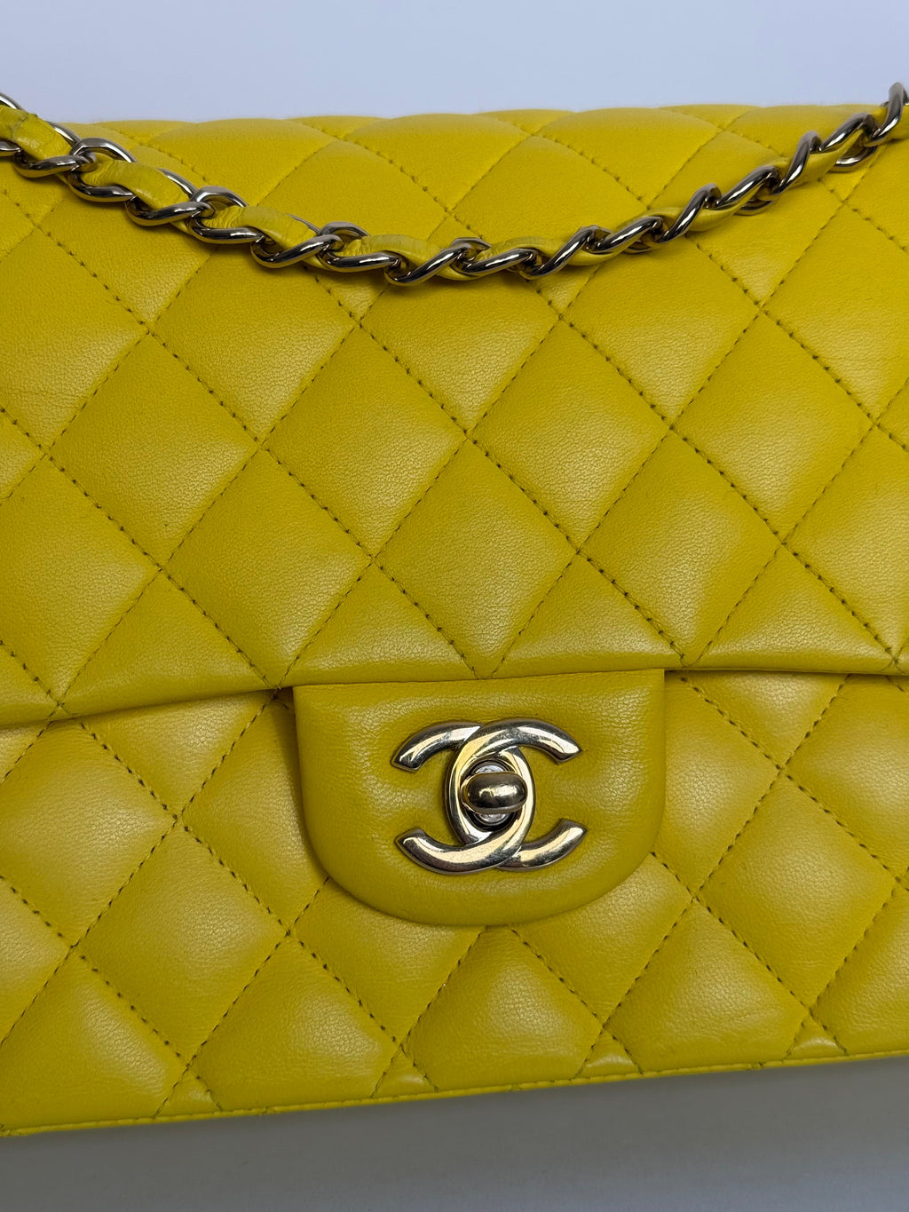 Chanel Yellow Classic Double Flap Bag Medium in Lambskin Leather with Silver Hardware