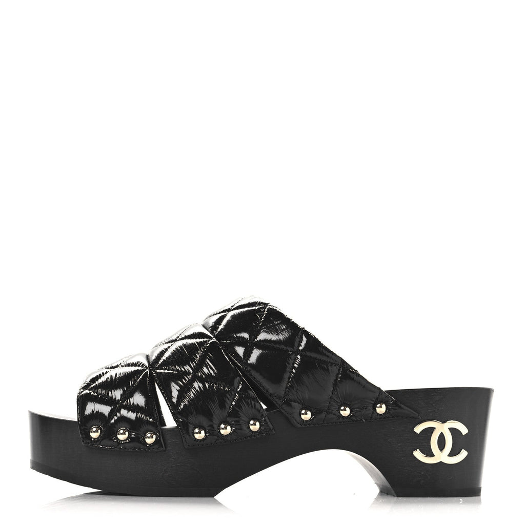 Patent Lambskin Quilted CC Clogs 38 Black