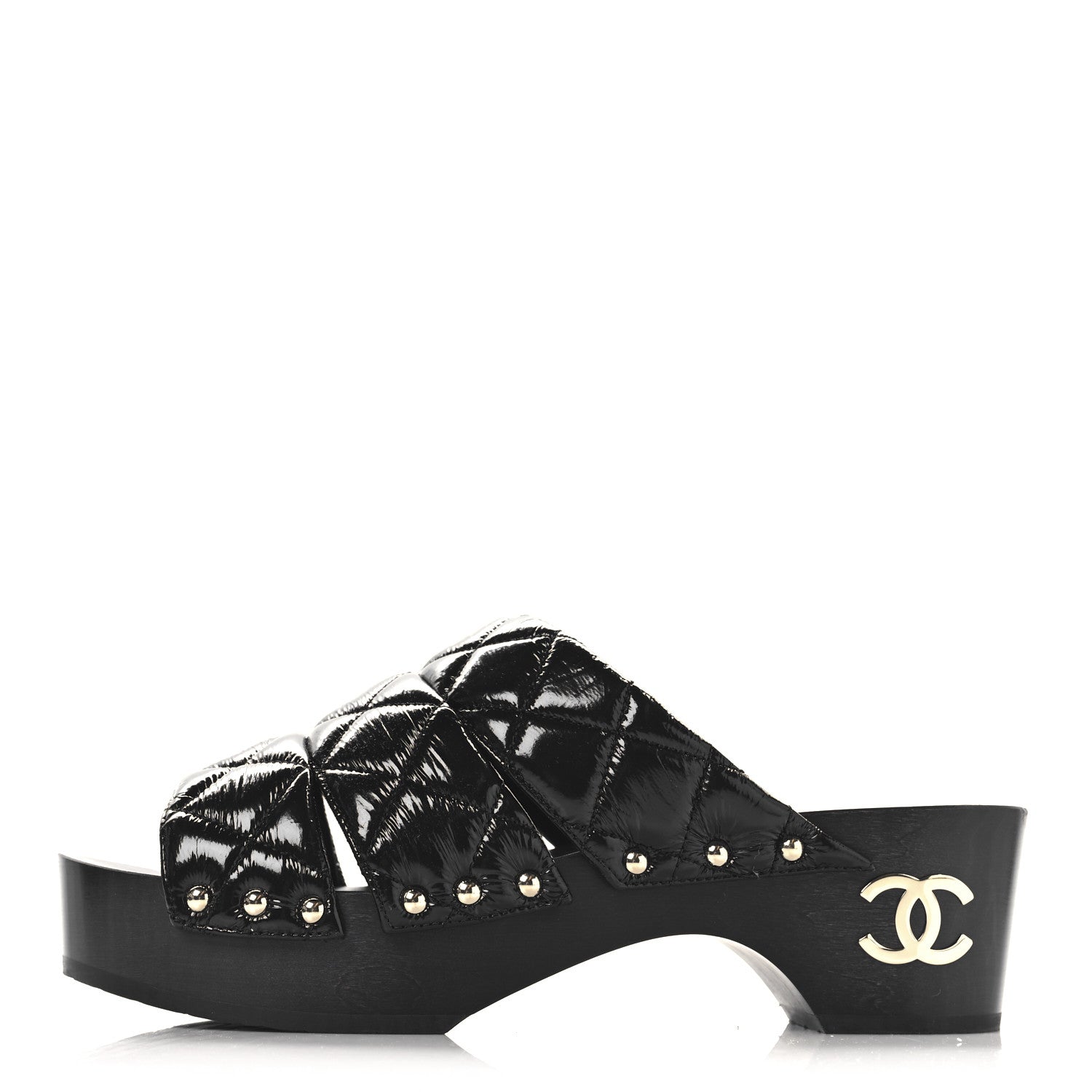 Patent Lambskin Quilted CC Clogs 38 Black