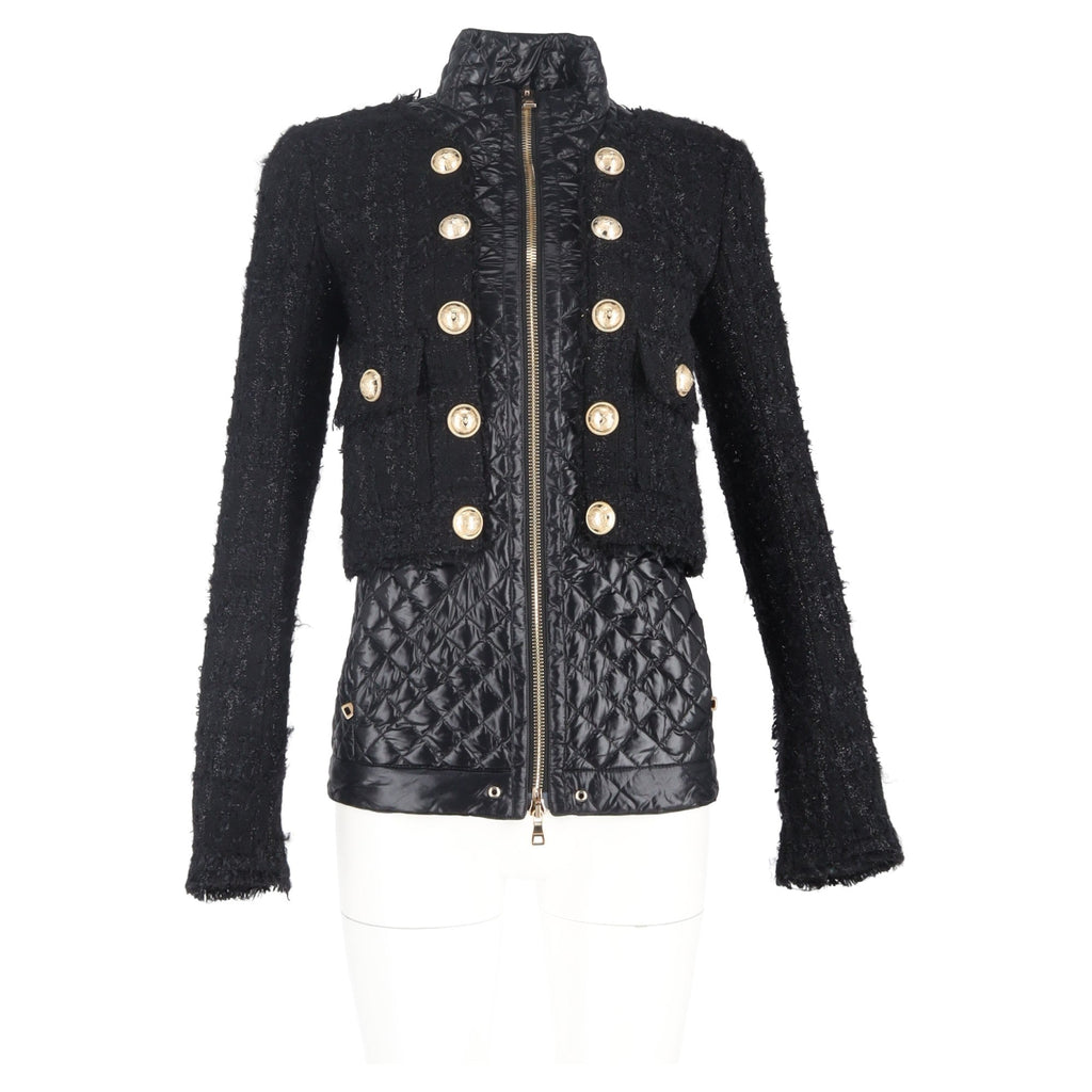 Balmain Tweed Layered Quilted Jacket with Gold Buttons in Black Wool