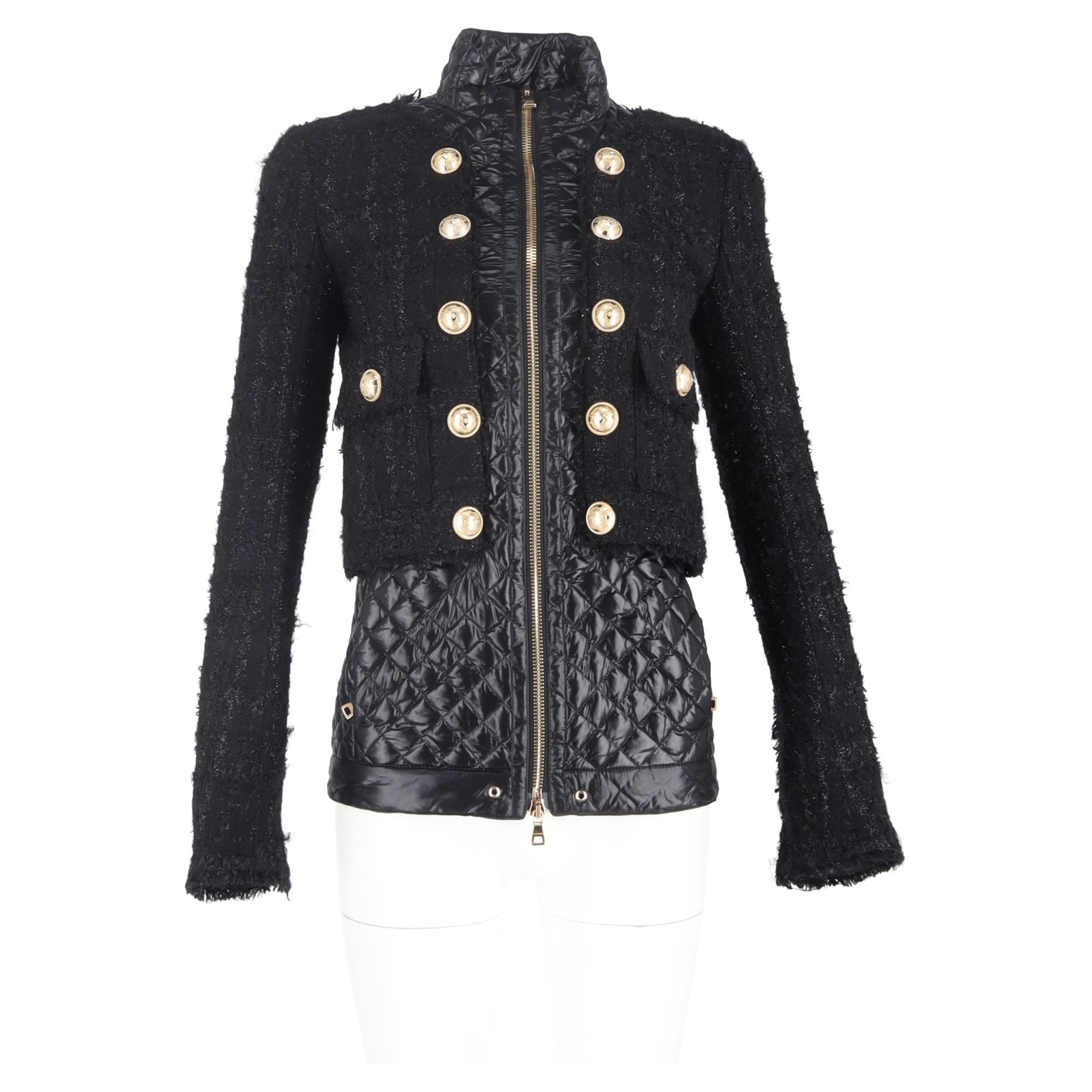 Balmain Tweed Layered Quilted Jacket with Gold Buttons in Black Wool