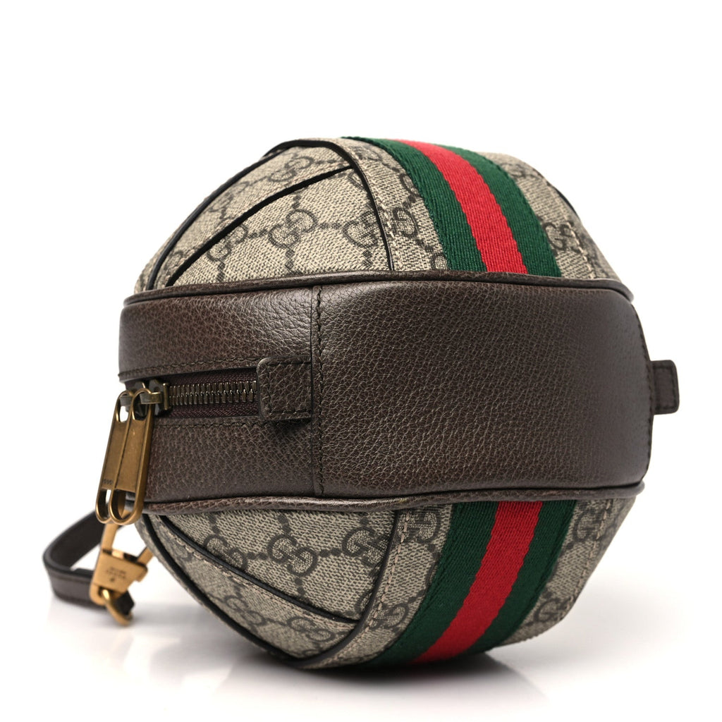 GG Supreme Monogram Textured Dollar Calfskin Web Mini Ophidia Basketball Shaped Shoulder Bag Beige Ebony New Acero