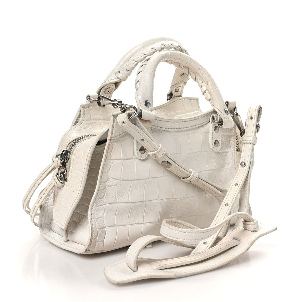 Semi Shiny Calfskin Crocodile Embossed Neo Classic Silver Hardware Mini City White