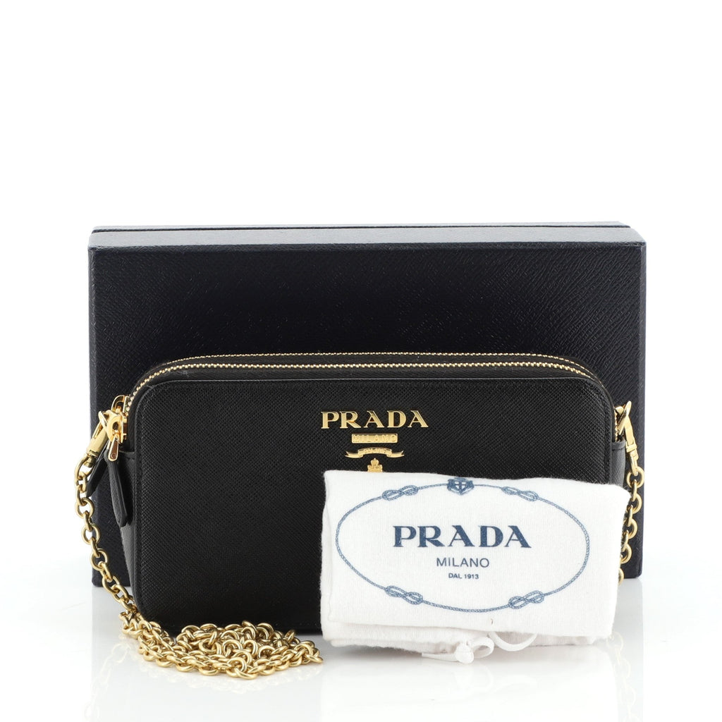 Double Zip Wallet on Chain Crossbody Saffiano Leather Mini