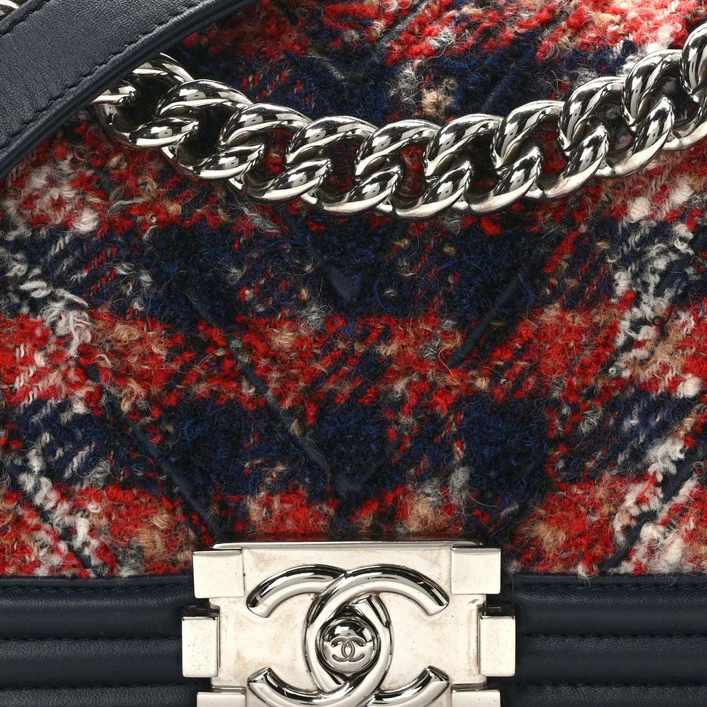 Lambskin Tweed Chevron Small Boy Flap Navy Blue