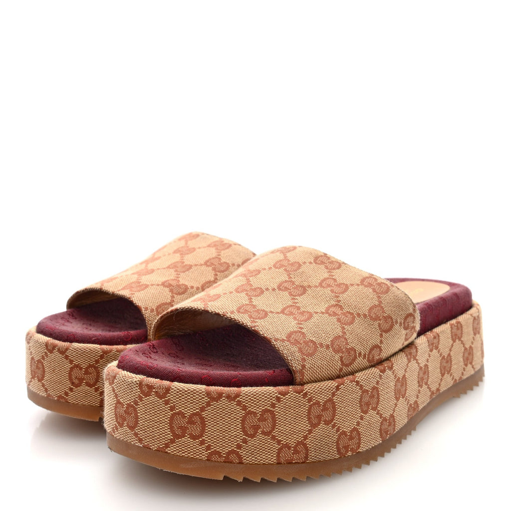 Canvas GG Monogram Angelina Platform Slide Sandals 38 Beige Ruggine