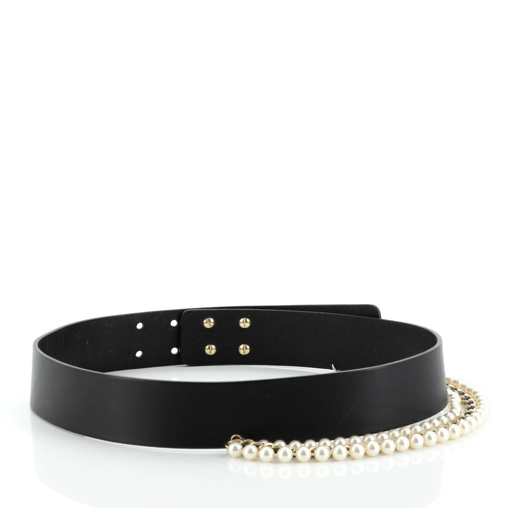 Vintage Chain Belt Leather with Faux Pearls Wide 75