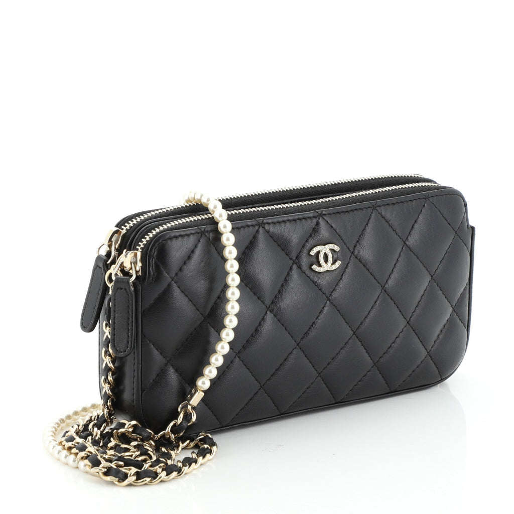 Double Zip Clutch with Pearl Chain Quilted Lambskin