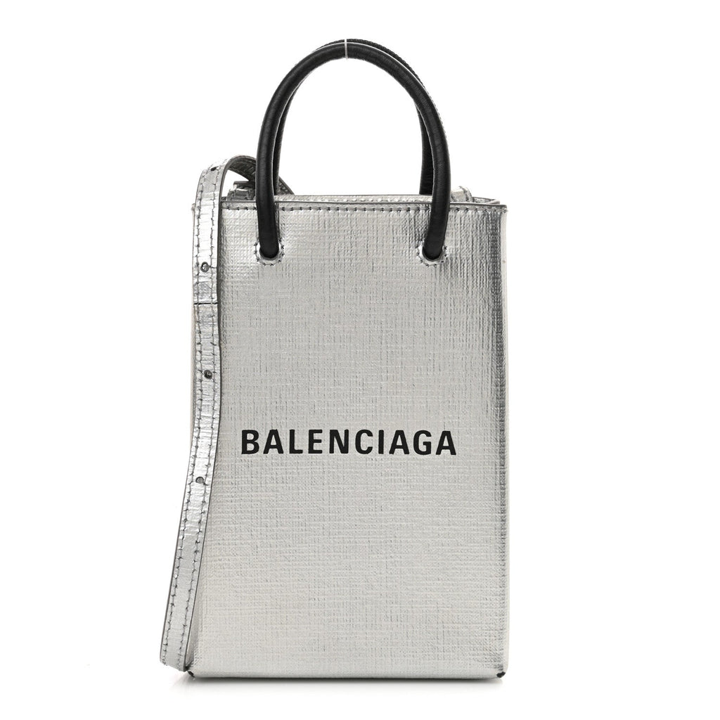 Metallic Textured Calfskin Logo Shopping Phone Holder Bag Silver