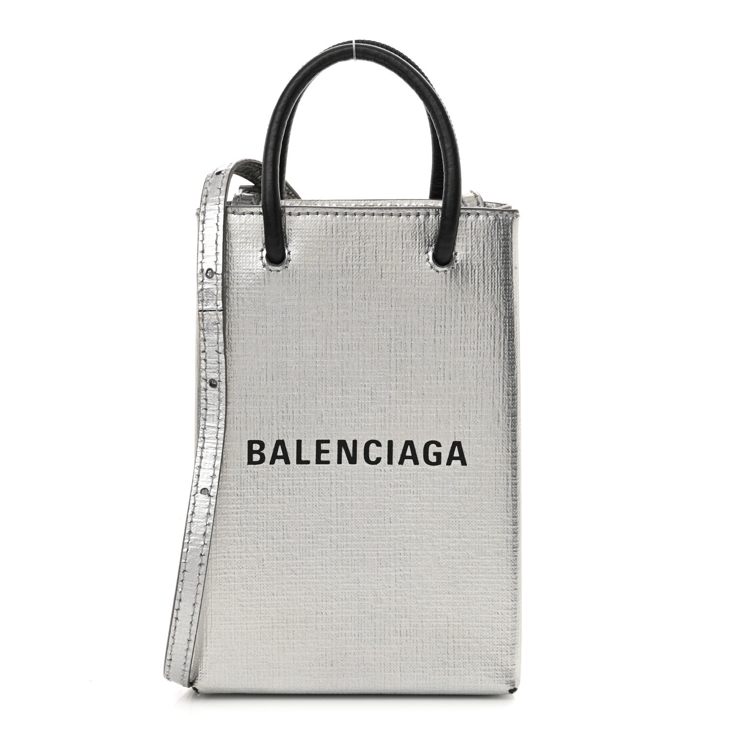 Metallic Textured Calfskin Logo Shopping Phone Holder Bag Silver
