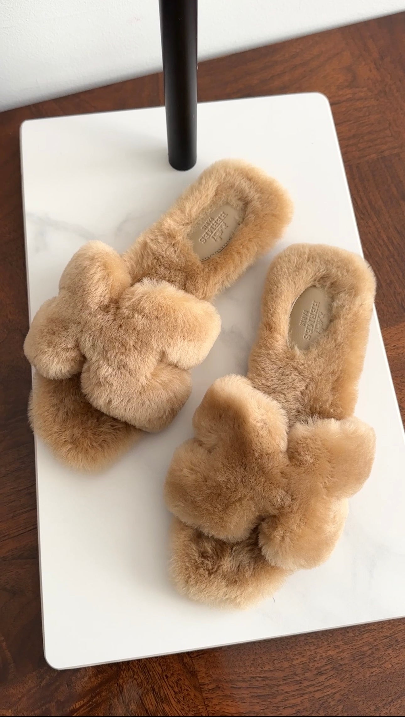 Hermes Beige Argile Shearling Oran Sandals - 37