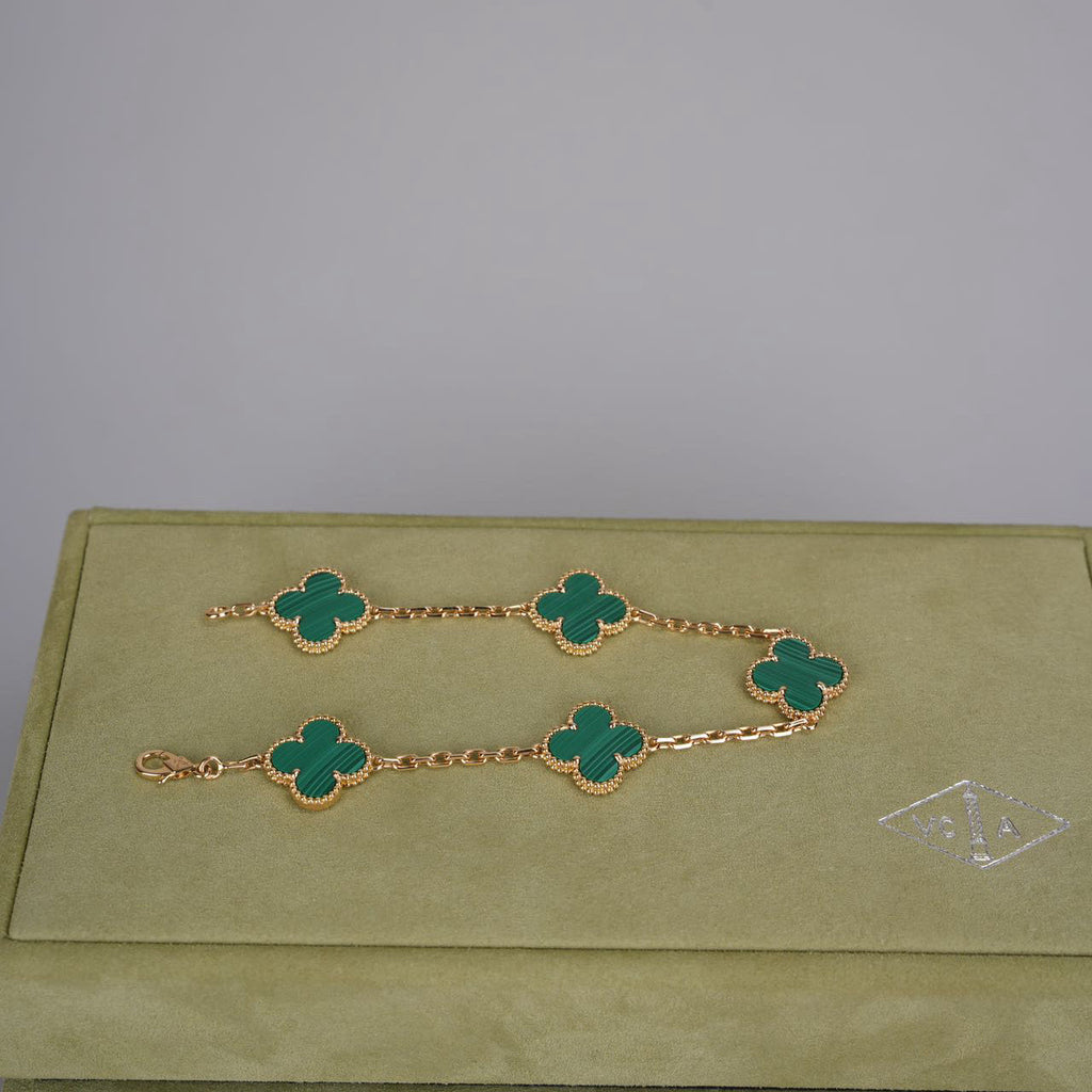 Van Cleef & Arpels 18k Yellow Gold Malachite 5 Motifs Vintage Alhambra Bracelet 2021