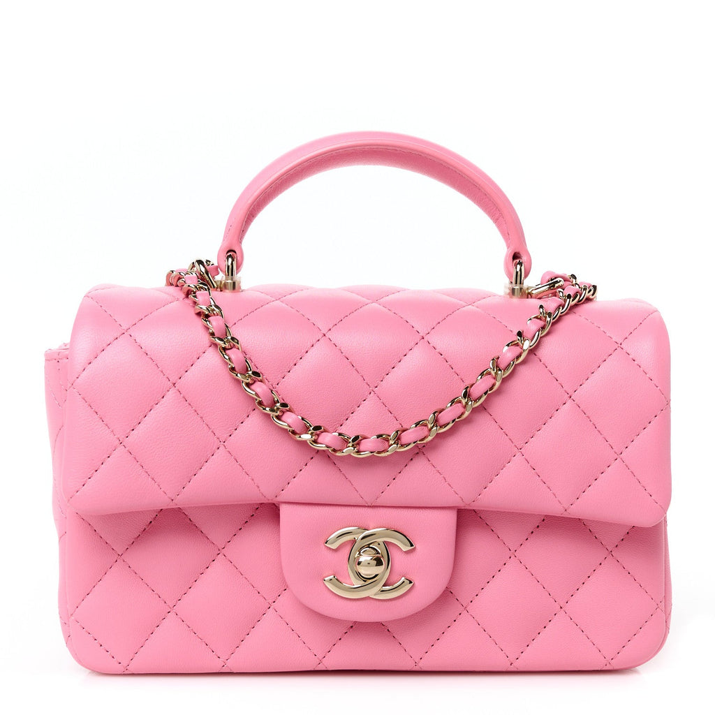 Lambskin Quilted Mini Top Handle Rectangular Flap Pink