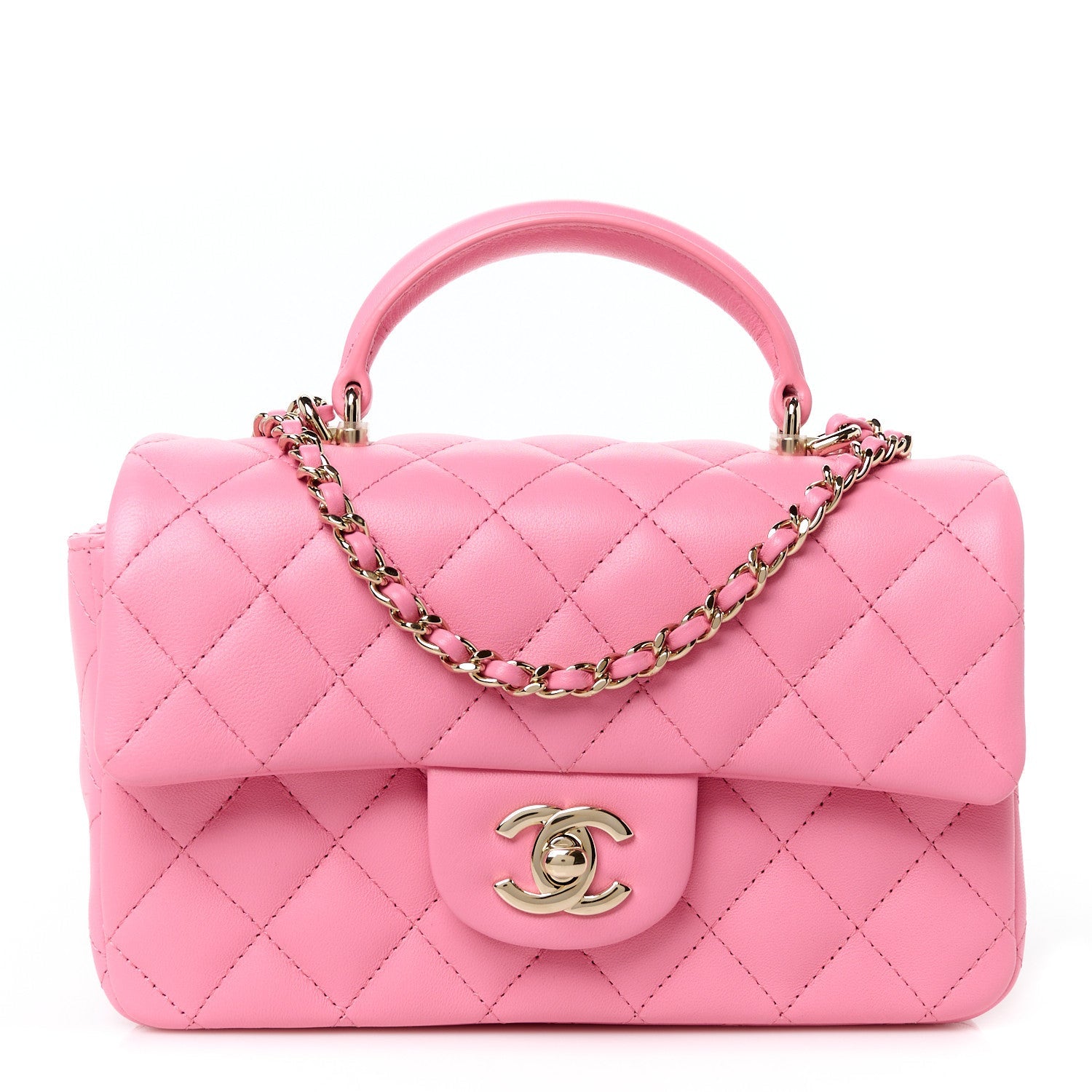 Lambskin Quilted Mini Top Handle Rectangular Flap Pink