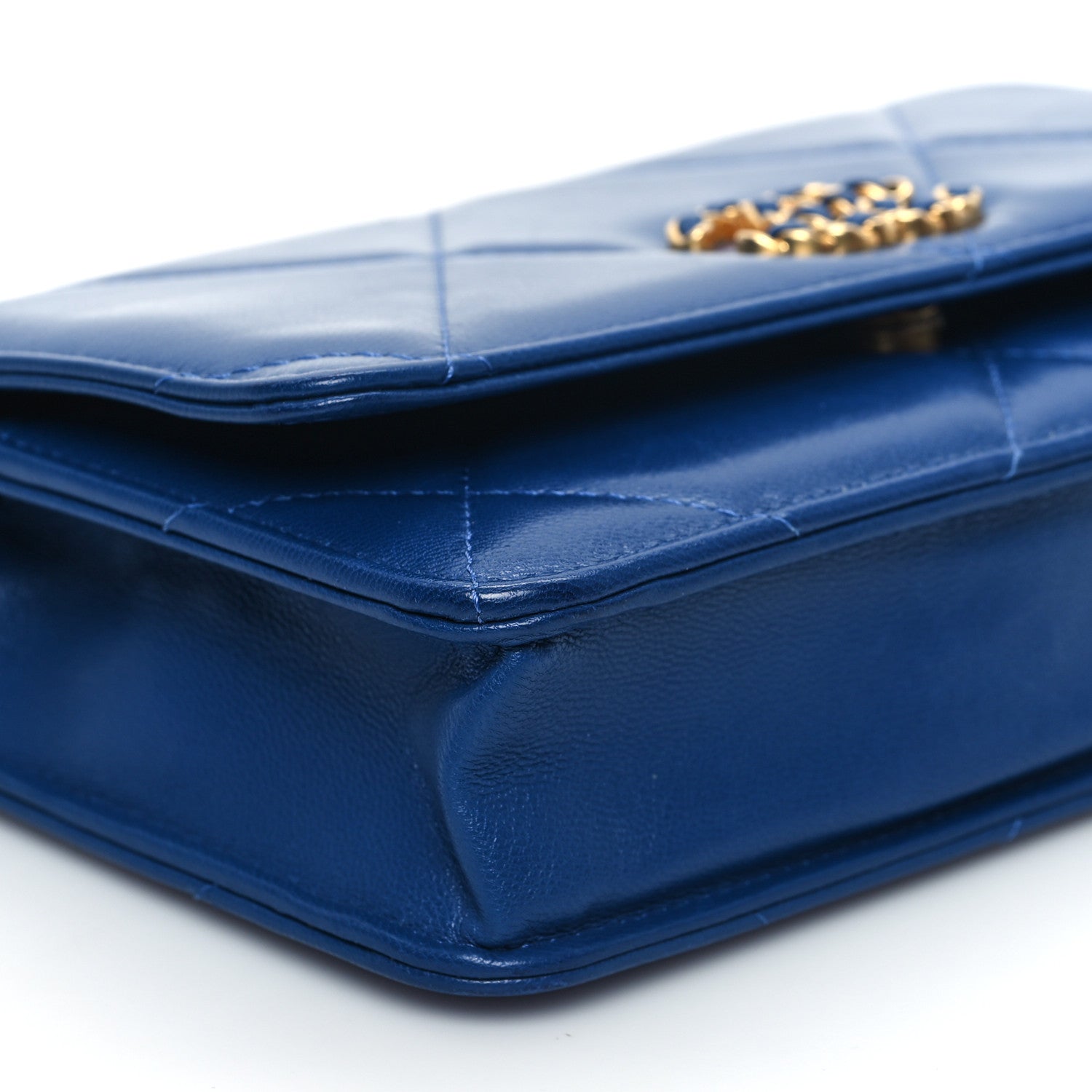 Shiny Goatskin Quilted Chanel 19 Wallet On Chain WOC  Blue