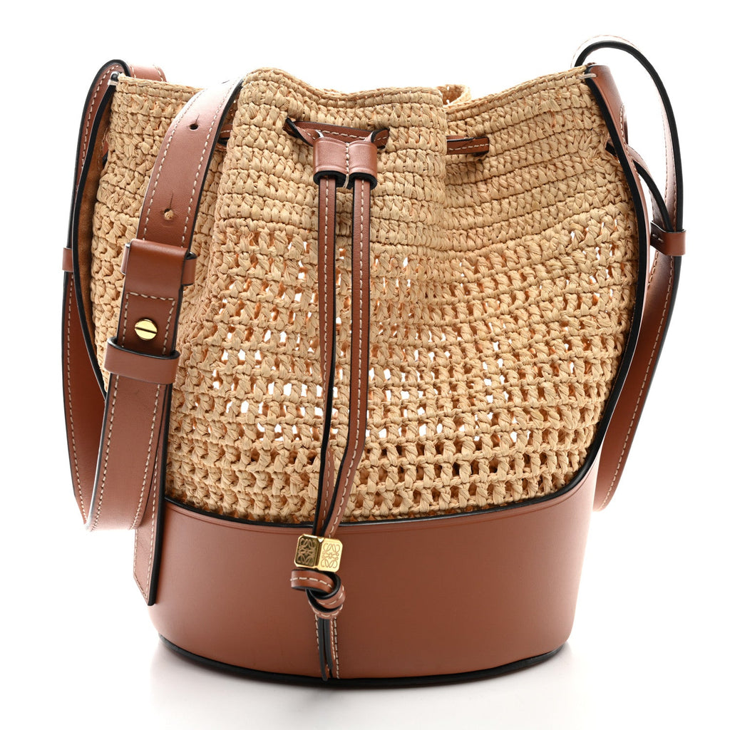 Raffia Calfskin Balloon Bucket Bag Natural Tan
