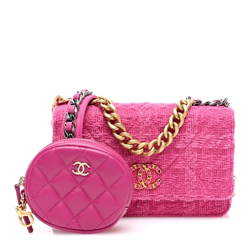Wool Tweed Lambskin Quilted Chanel 19 Wallet On Chain WOC and Coin Purse  Fuchsia