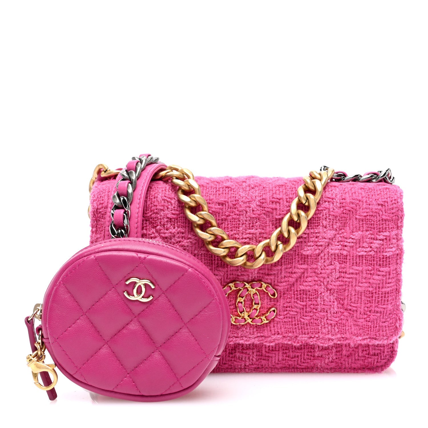Wool Tweed Lambskin Quilted Chanel 19 Wallet On Chain WOC and Coin Purse  Fuchsia