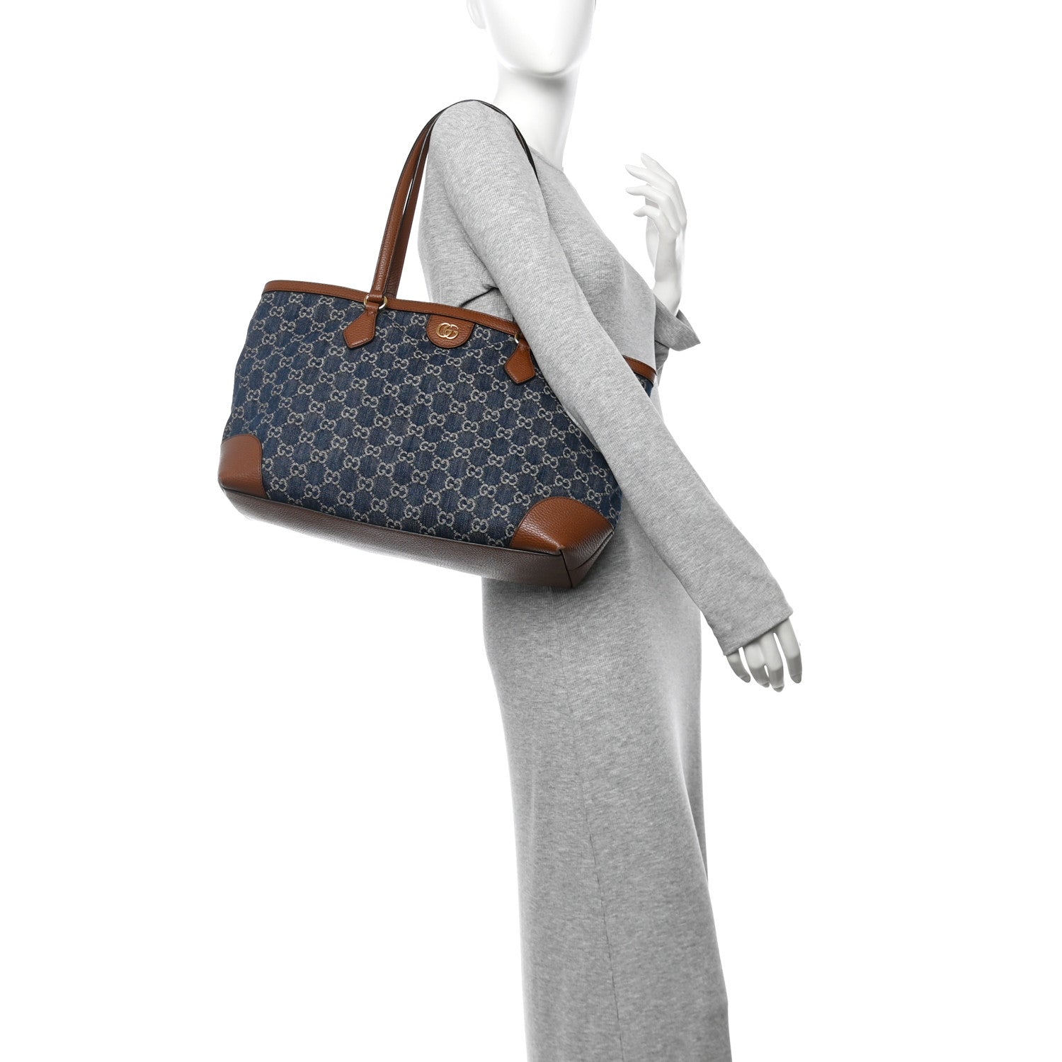 New Denim GG Monogram Medium Ophidia Shopping Tote Blue Tea Cuir