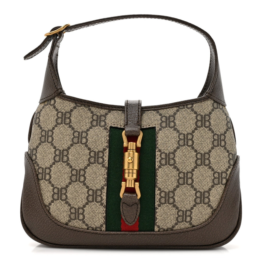 X BALENCIAGA BB Supreme Monogram Calfskin Web Mini Jackie 1961 Hobo Beige Ebony