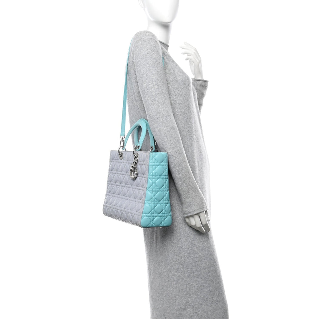 Lambskin Cannage Large Lady Dior Grey Turquoise