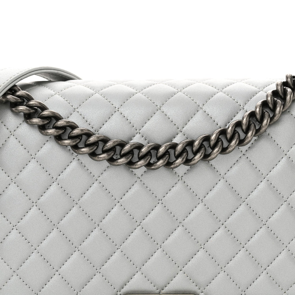Metallic Calfskin Quilted New Medium Boy Flap Silver