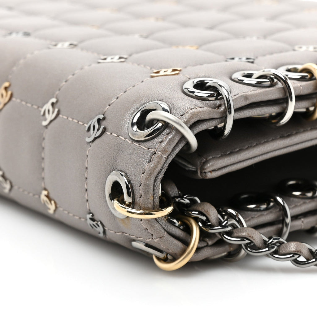 Lambskin Chocolate Bar Piercing CC Studded Small Chain Flap Bag Grey