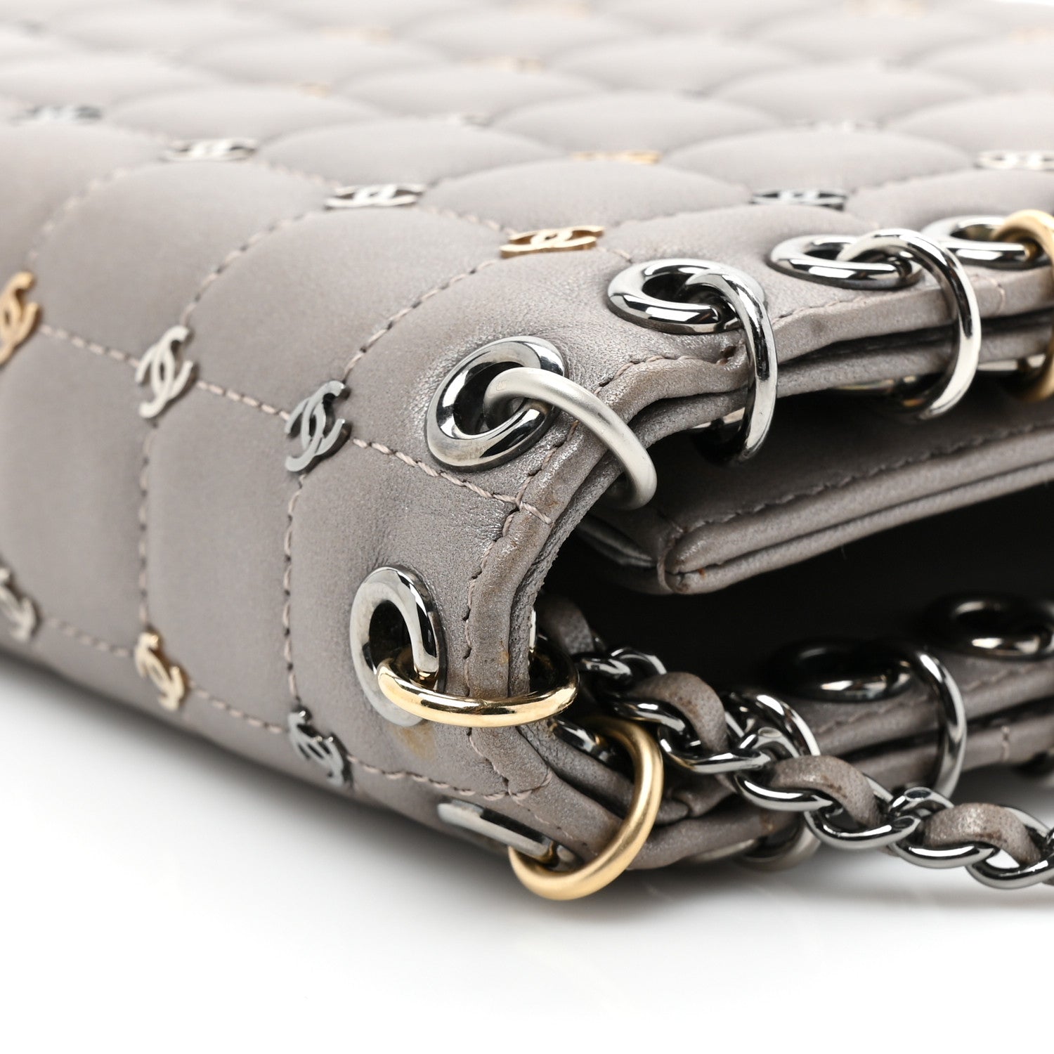 Lambskin Chocolate Bar Piercing CC Studded Small Chain Flap Bag Grey