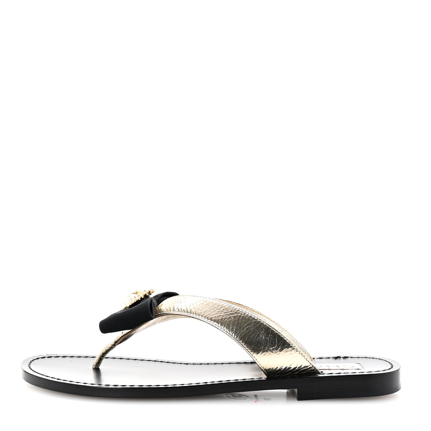 Metallic Laminated Goatskin Grosgrain Bow Pearl Thong Sandals 38 Black Gold