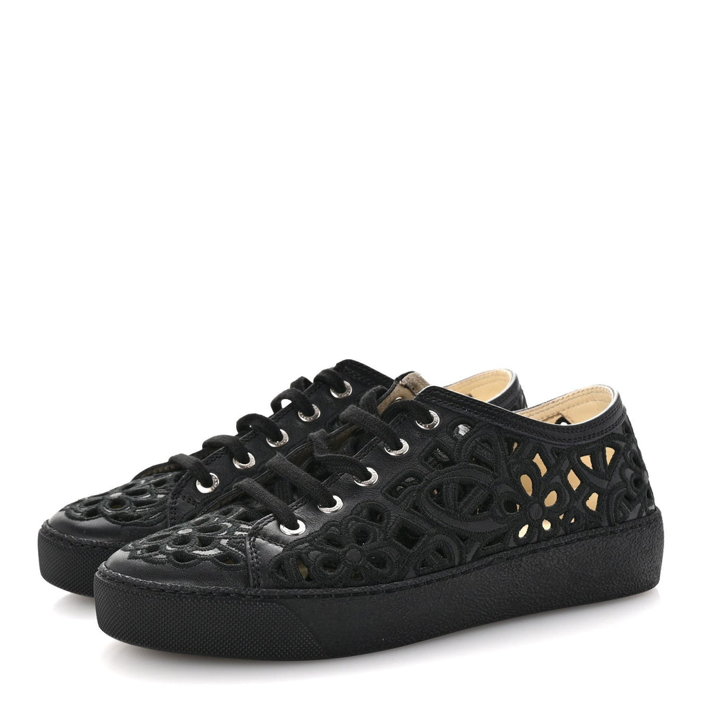 Calfskin Hollow Out Flower Sneakers 36 Black