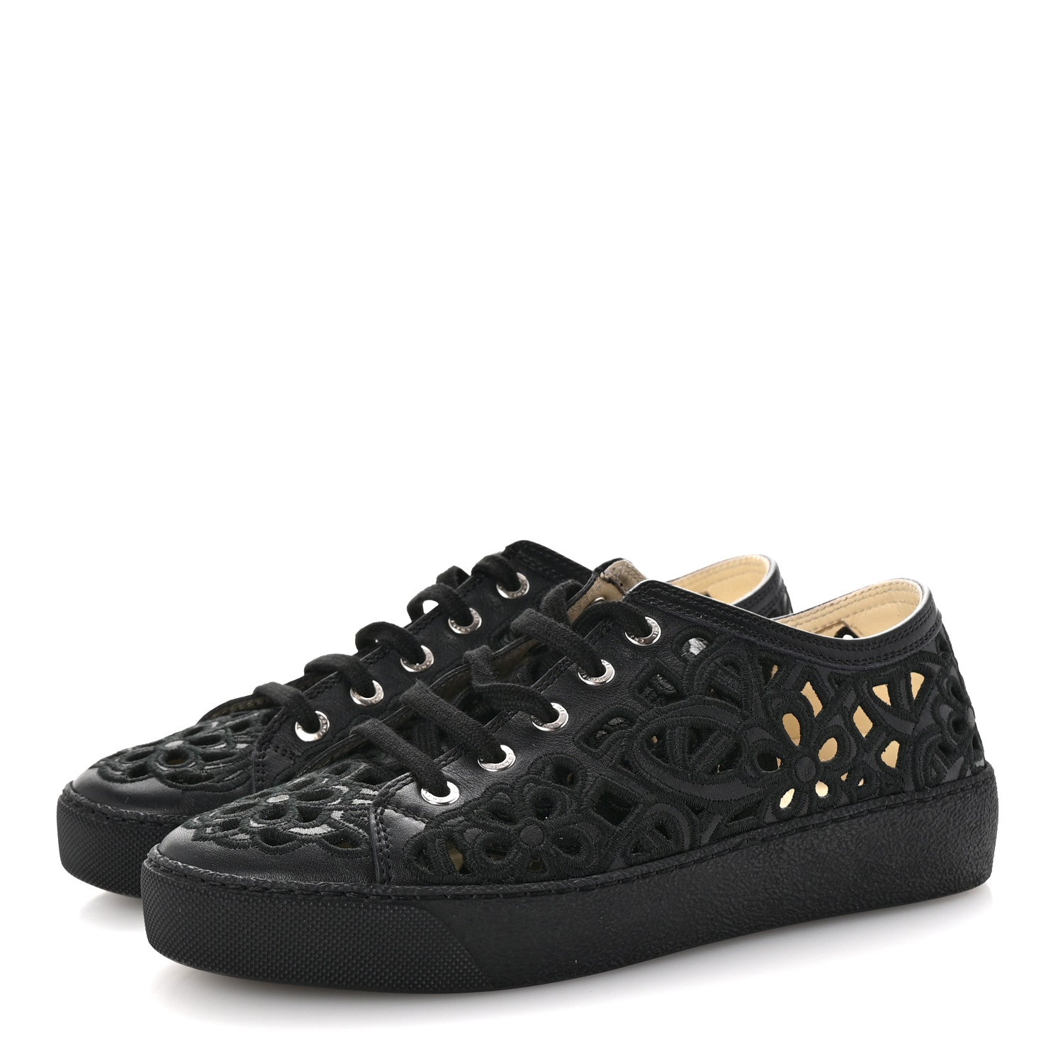 Calfskin Hollow Out Flower Sneakers 36 Black