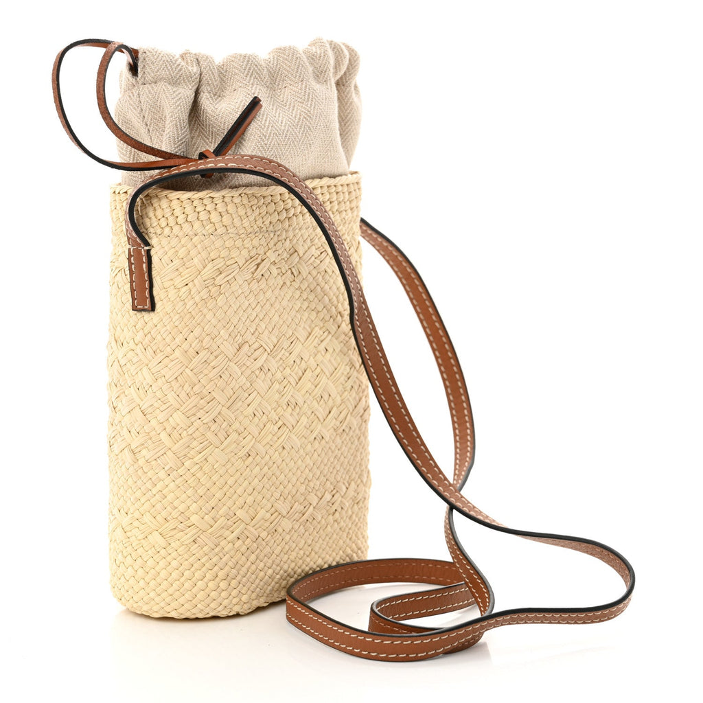 Calfskin Raffia Paulas Ibiza Square Bucket Bag Natural Tan