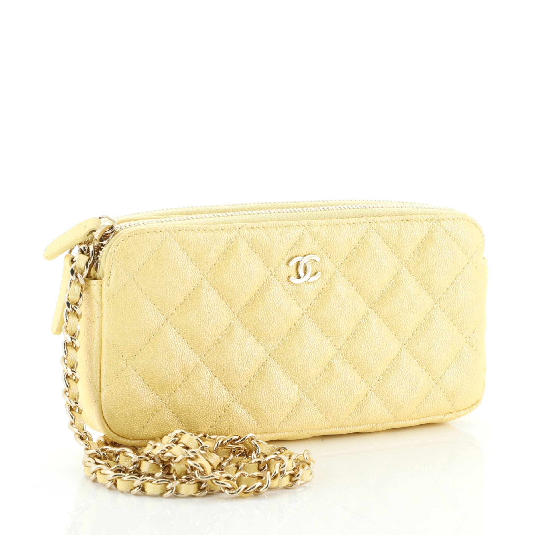 Double Zip Clutch with Chain Quilted Iridescent Caviar