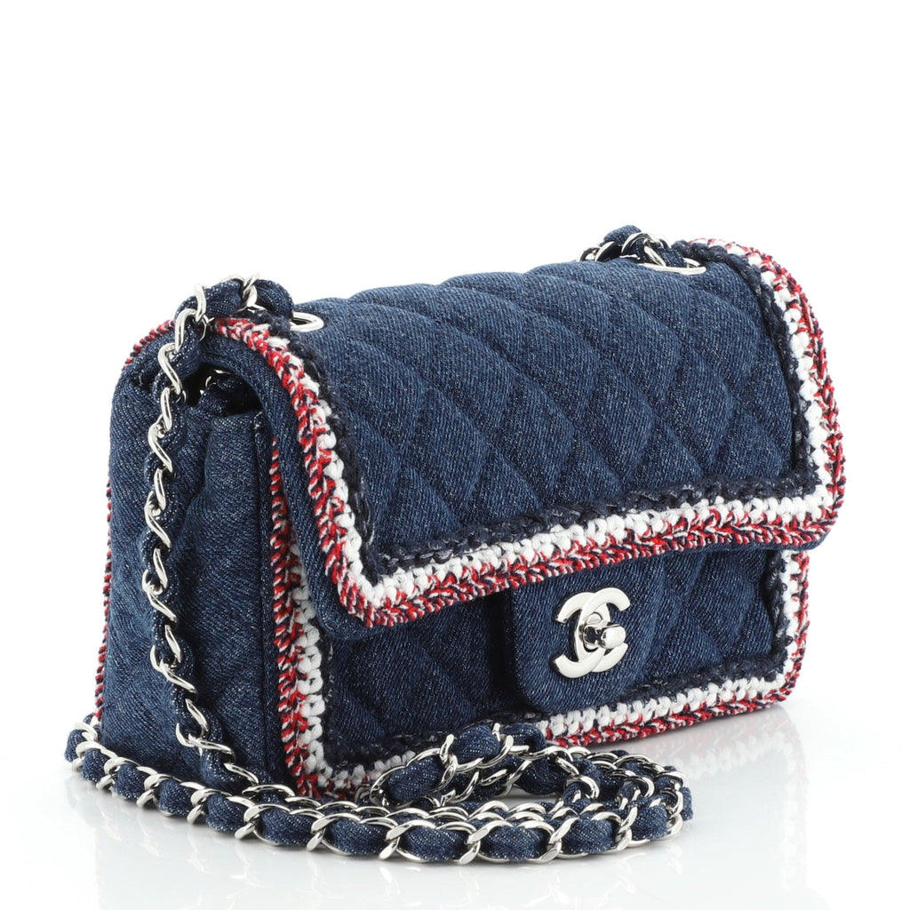 Classic Single Flap Bag Quilted Denim with Tweed Mini