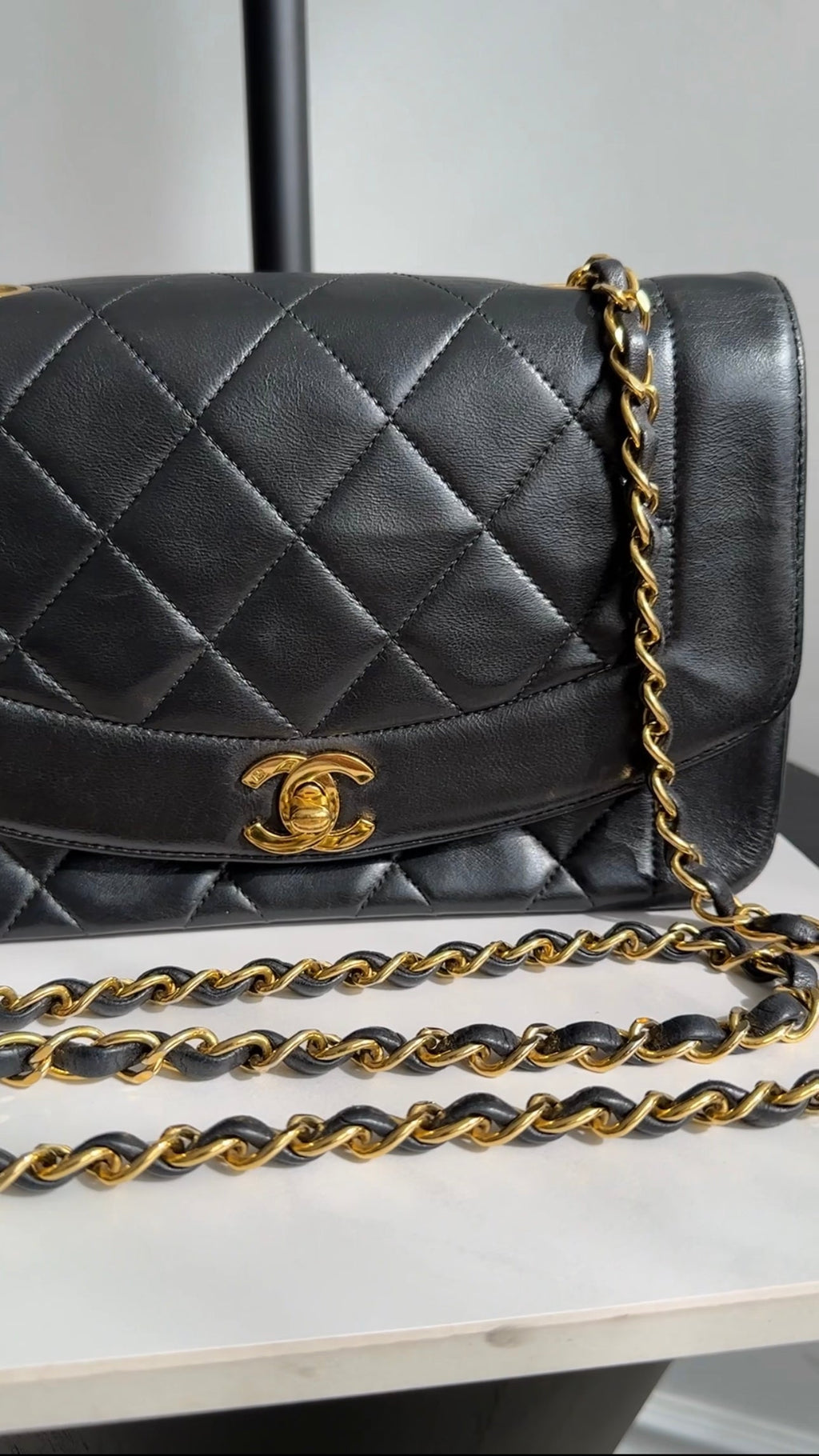 Chanel Vintage 1991 Small Black Leather Quilted Diana Flap Bag