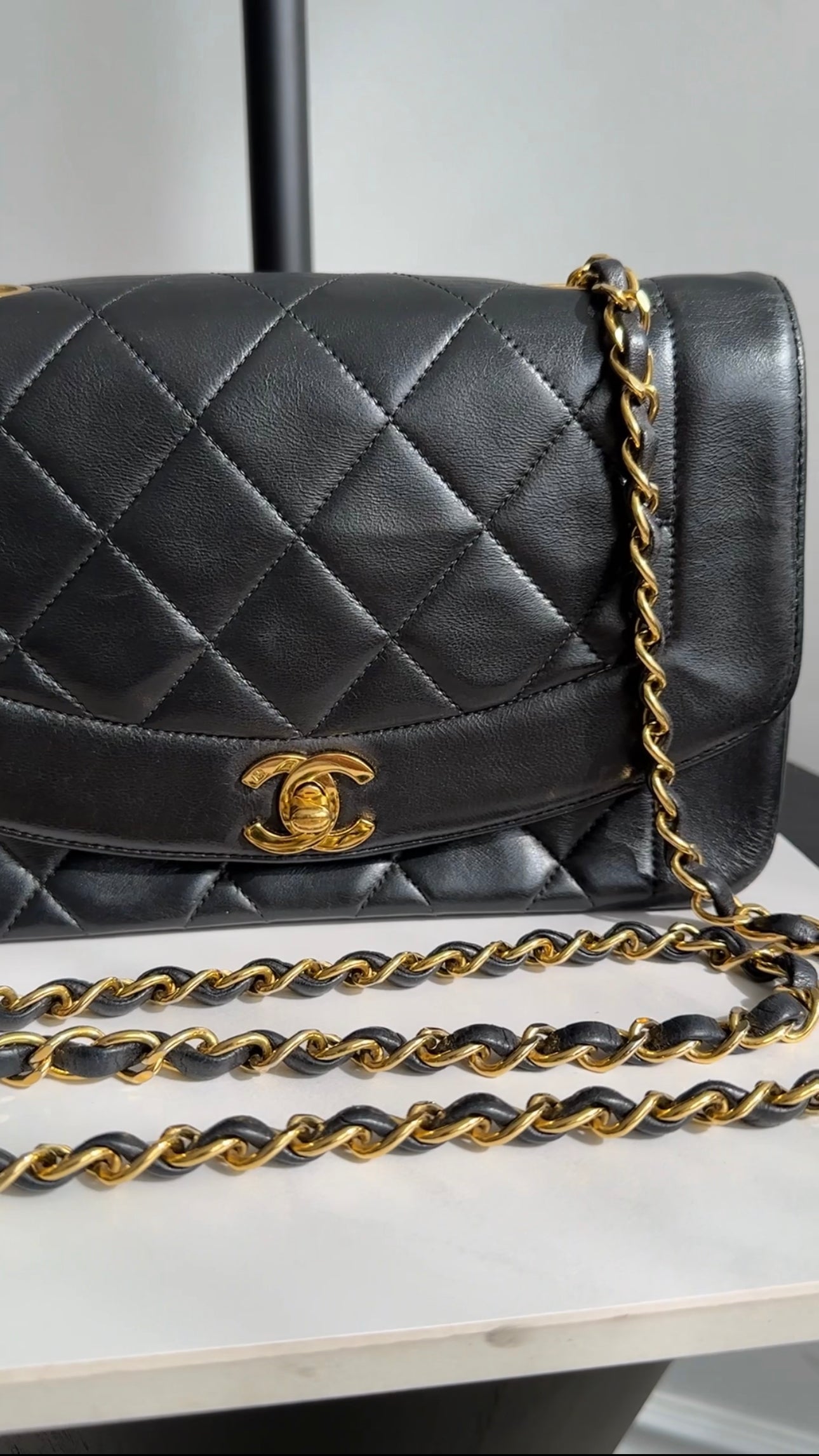 Chanel Vintage 1991 Small Black Leather Quilted Diana Flap Bag