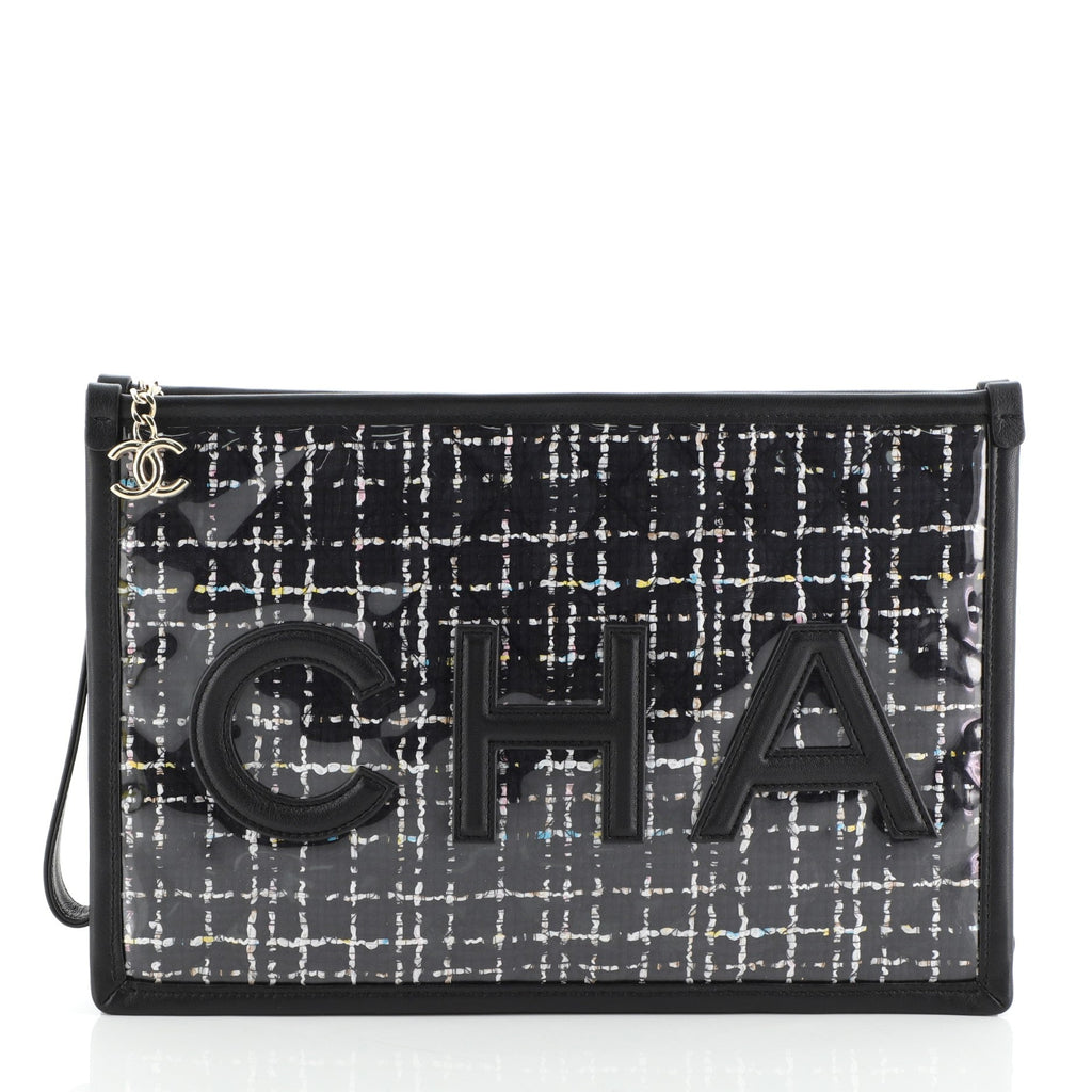 Logo Wristlet Clutch PVC Over Quilted Tweed Large