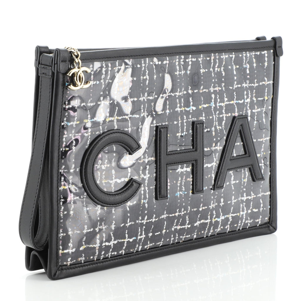 Logo Wristlet Clutch PVC Over Quilted Tweed Large