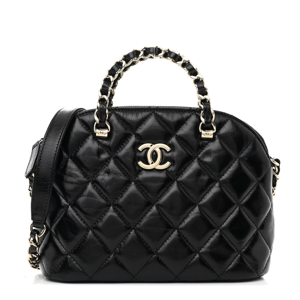 Shiny Lambskin Quilted Shiny Coco Clutch With Chain Black