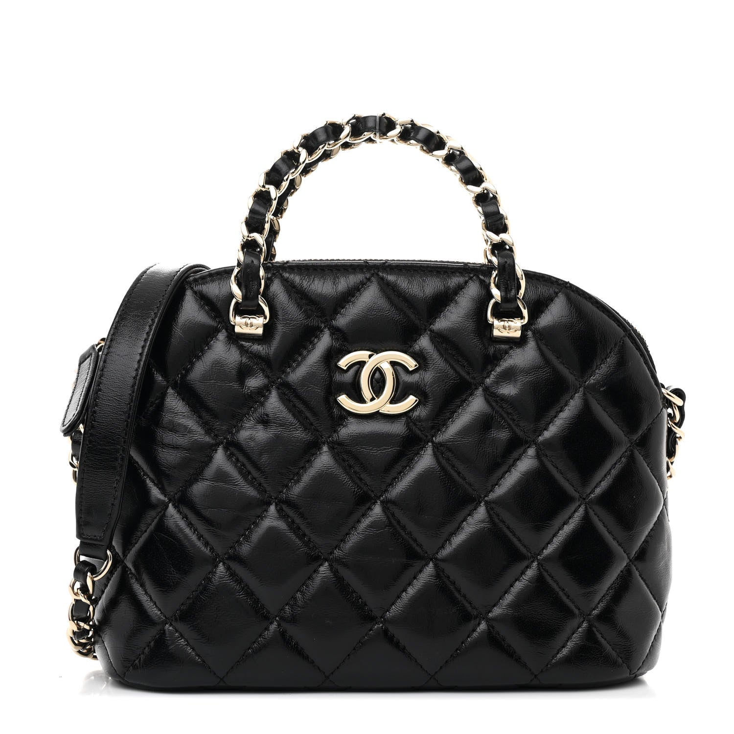 Shiny Lambskin Quilted Shiny Coco Clutch With Chain Black