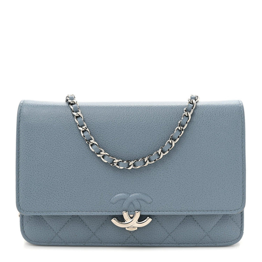Grained Calfskin Quilted CC Box Wallet On Chain WOC Blue