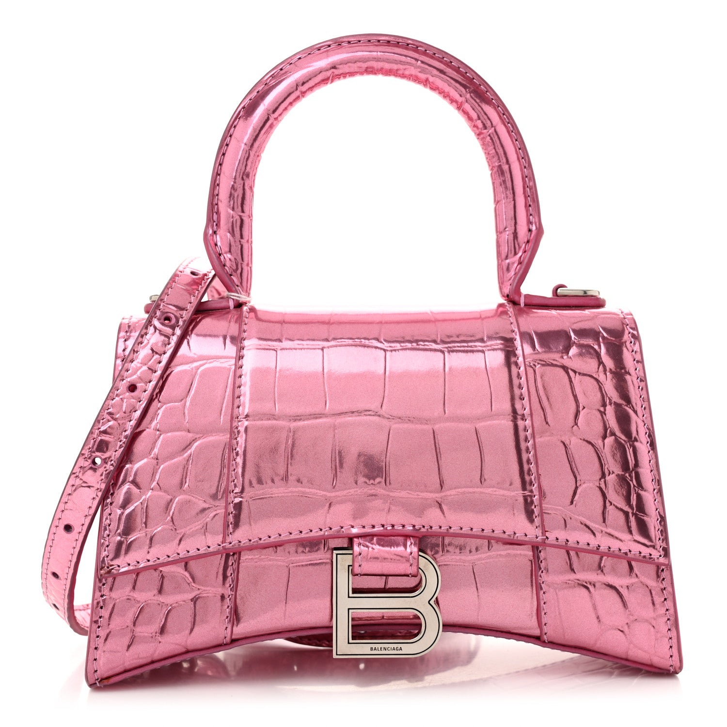 Metallic Shiny Calfskin Crocodile Embossed Hourglass Top Handle Bag XS Pink