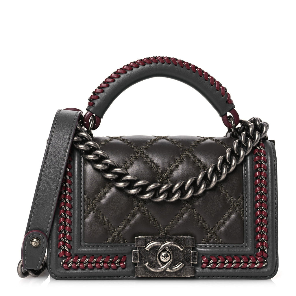 Calfskin Quilted Small Boy Top Handle Flap Grey Burgundy
