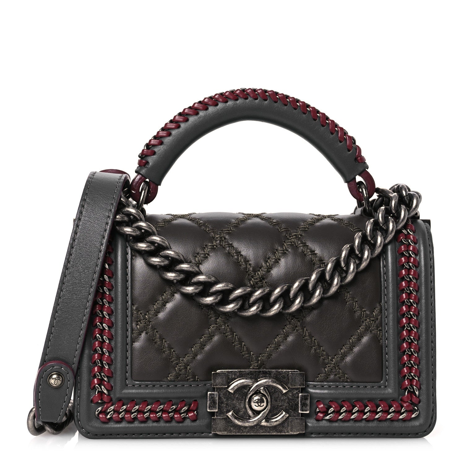 Calfskin Quilted Small Boy Top Handle Flap Grey Burgundy