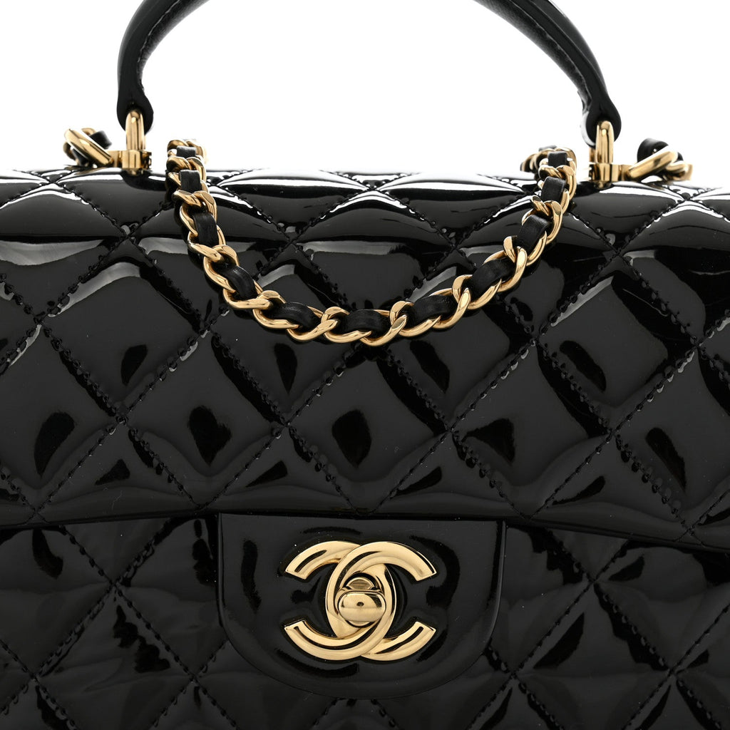 Patent Quilted Mini Top Handle Rectangular Flap Black