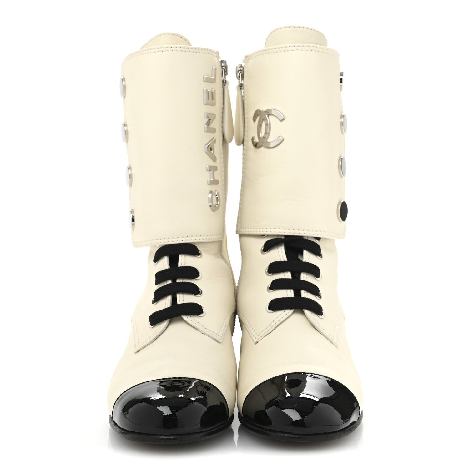 Calfskin Patent Cap Toe CC Lace Up Boots 38 Ivory Black