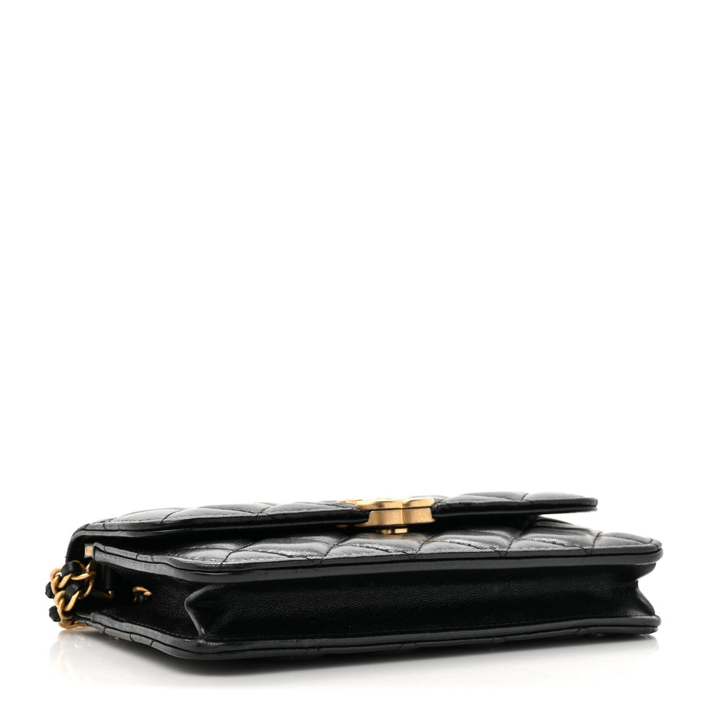 Lambskin Quilted CC Logo Flap Phone Holder With Chain Black