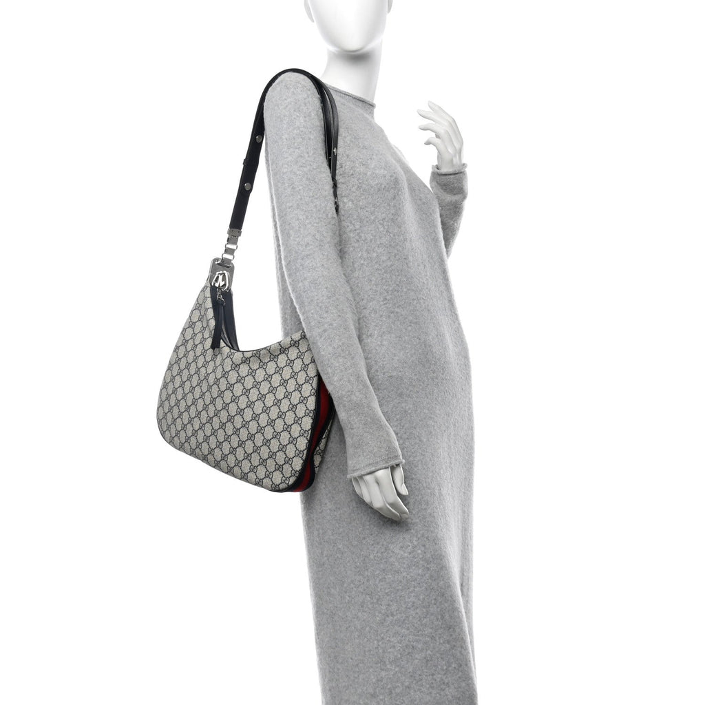 GG Supreme Monogram Textured Calfskin Web Large Attache Shoulder Bag Beige Blue