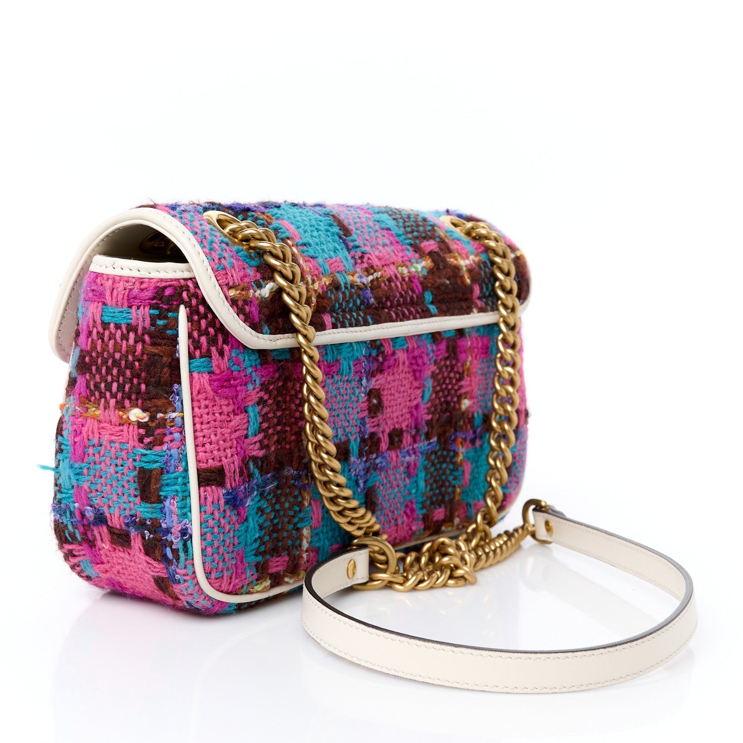 Tweed Calfskin Spicy Check Small GG Marmont Shoulder Bag Pink Multicolor Mystic White